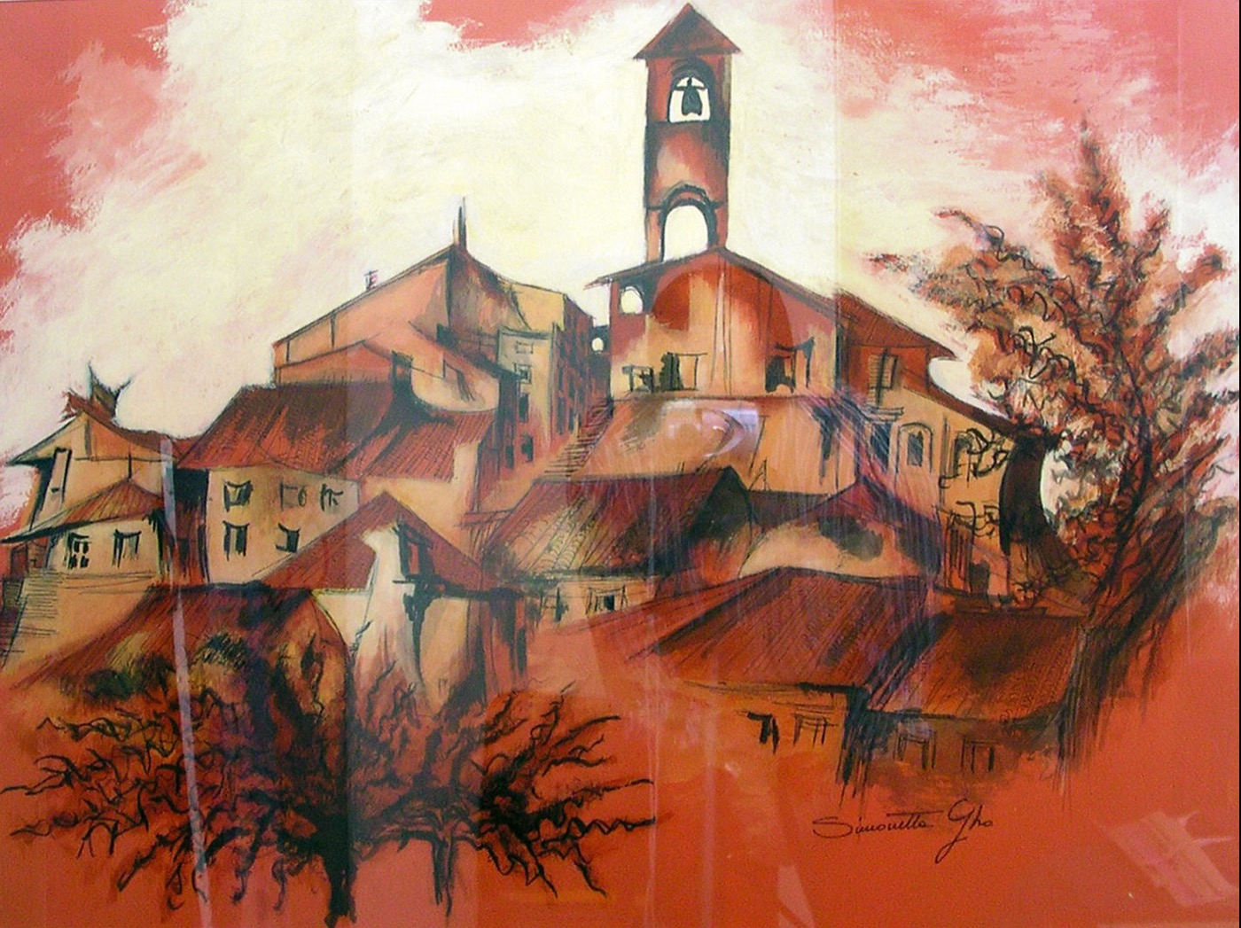 Altes Dorf, Tusche und Tempera auf Karton, 50 x 70 cm