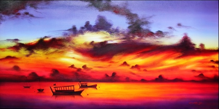 Sonnenuntergang mit Booten, Öl auf Leinwand, 60 x 120 cm